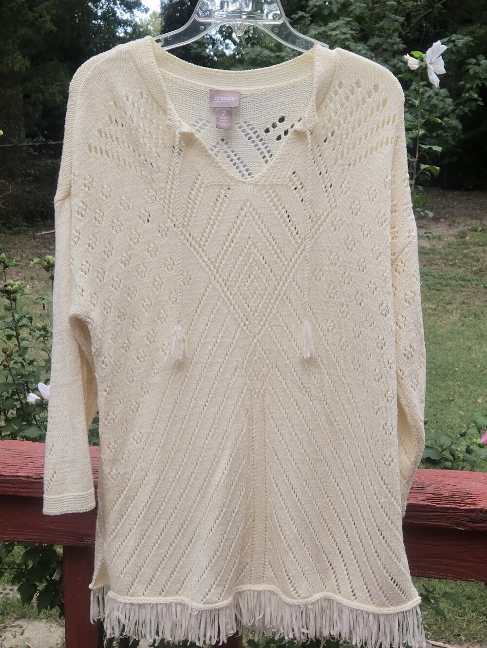 Chico's 1Cream Open-Weave V-Neck Fringe Sweater